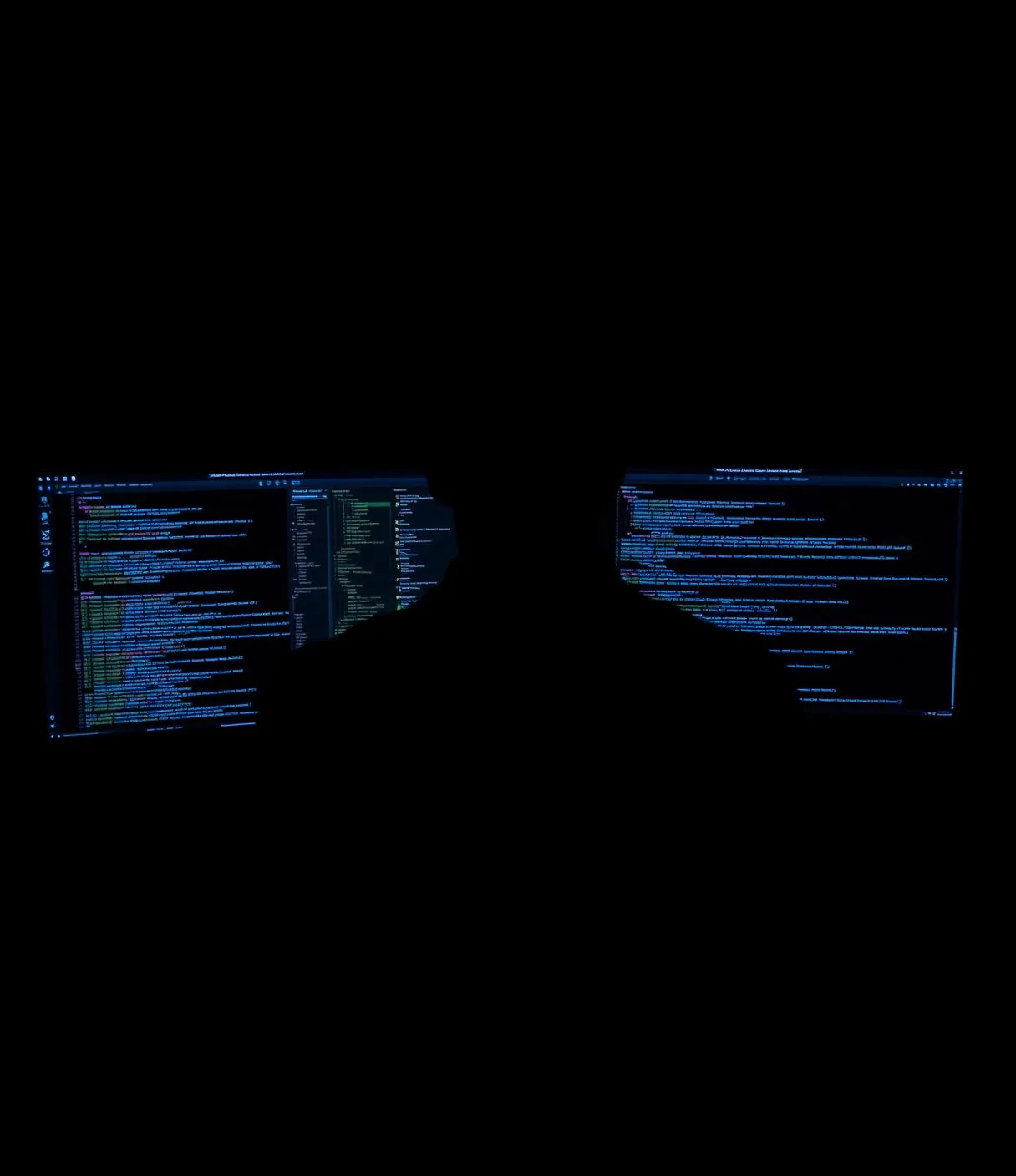 Dark engineering studio with dual monitors of blue-lit code, illustrating MetaEdx Pro's senior build team at work