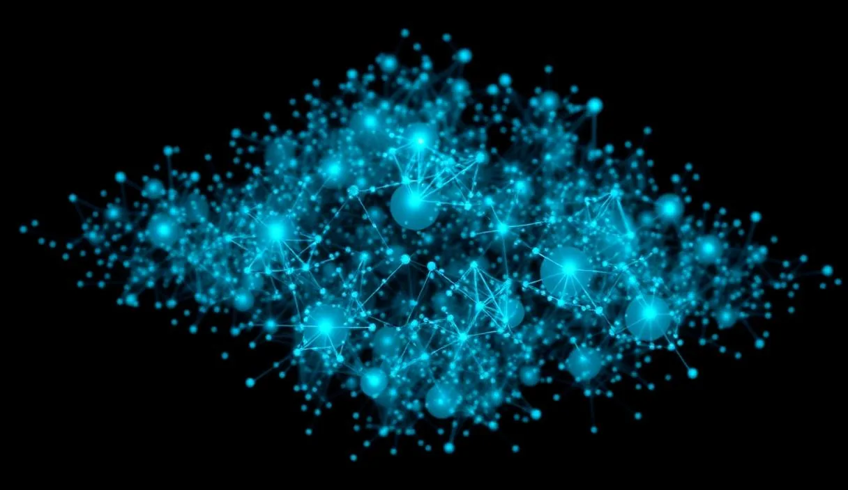 Dense cluster of glowing blue points and connections representing an LLM embedding space and applied AI