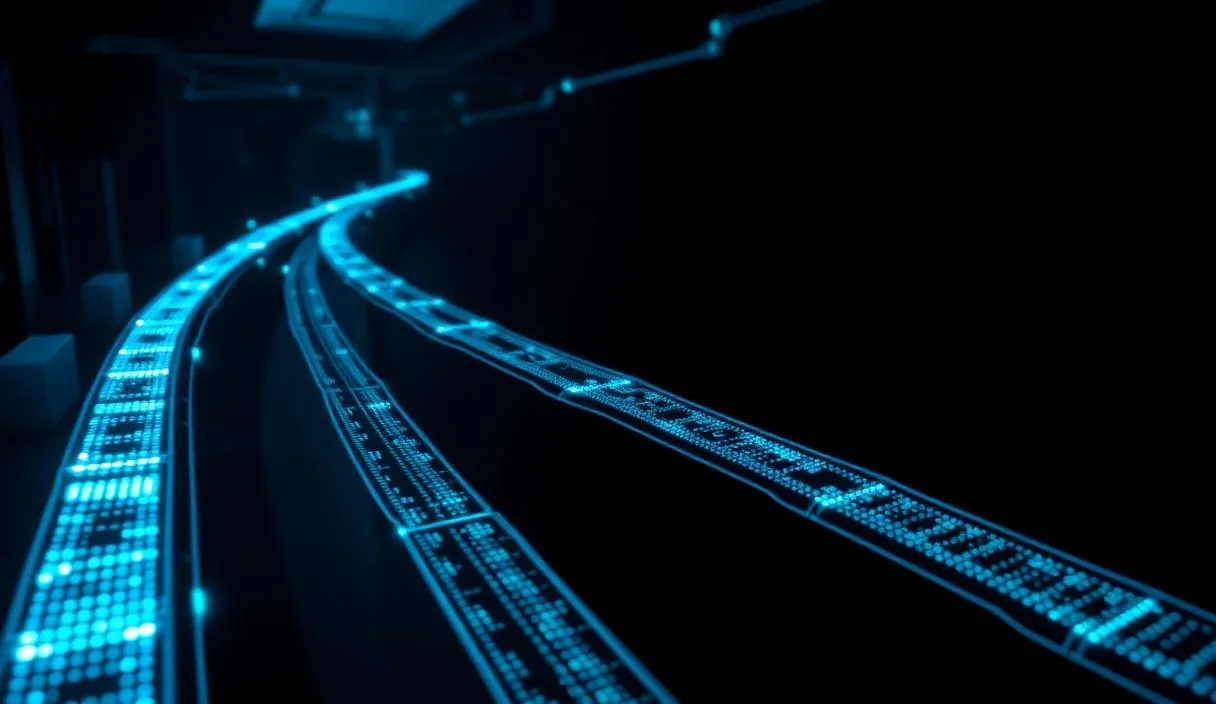 Illuminated blue data pipeline curving through a dark space, representing automated workflow orchestration