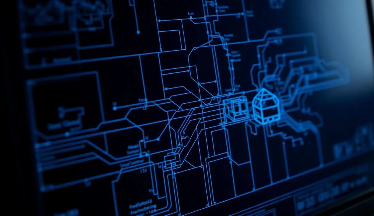Glowing blue system architecture blueprint on a dark monitor, representing custom software and platform engineering