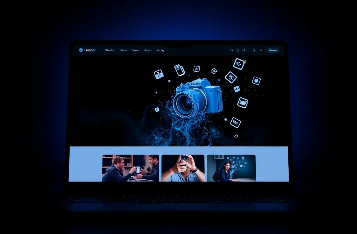 Dark laptop screen showing the Caplio AI capture platform with a camera and content icons glowing in blue