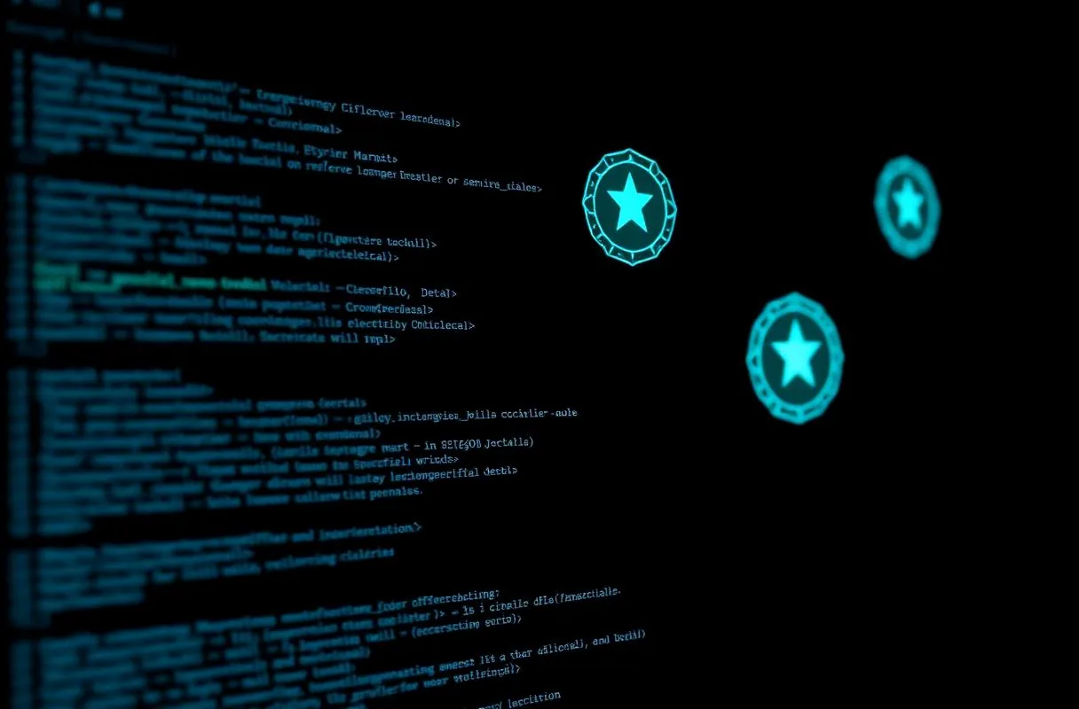 Dark code editor showing skill verification logic with teal-glowing star badges representing verified credentials