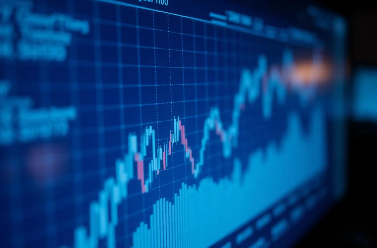 Close-up of a financial trading dashboard with candlestick charts glowing on a dark monitor