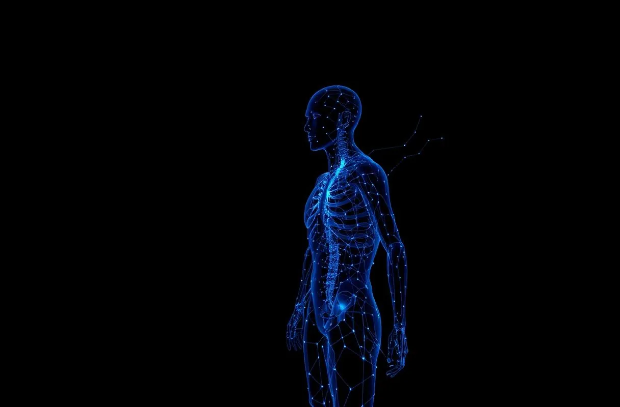Blue wireframe visualization of a human body representing a clinical AI triage model