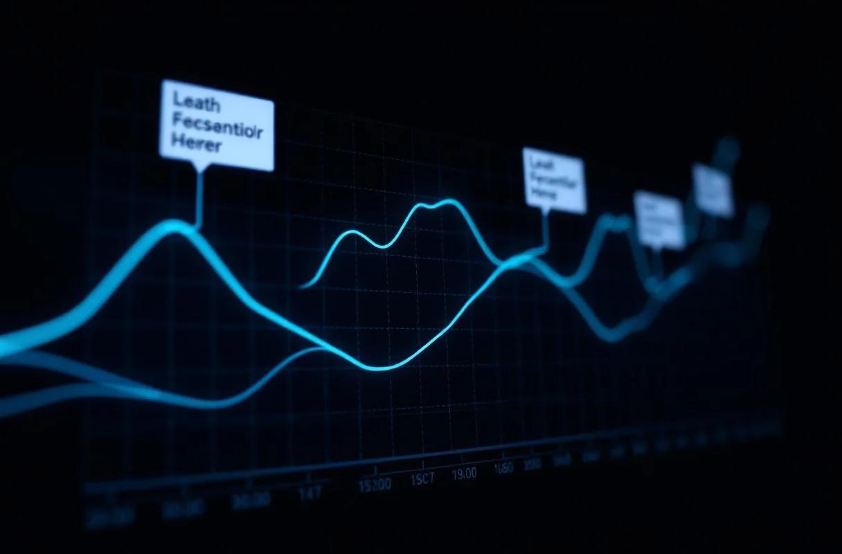 Dark CRM pipeline graph with rising blue lead-scoring lines and floating annotation cards