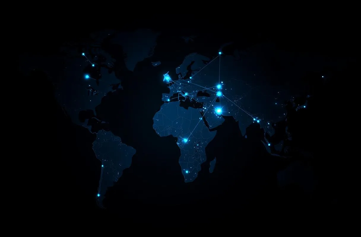 Dark world map with glowing blue nodes and connecting routes representing multi-carrier logistics orchestration