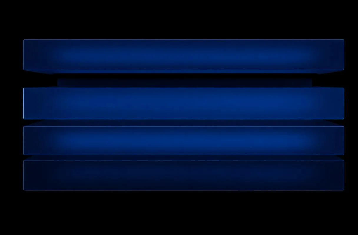 Abstract MetaEdx group platform interface with layered translucent blue panels on a near-black background