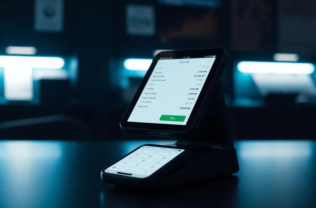 SoftBillo POS terminal and mobile invoicing app on a dark desk with cool blue lighting